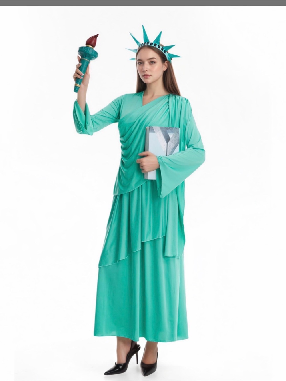 Statue of Liberty Inspired Teal Maxi Dress - size adult Lge. W/headband  +torch